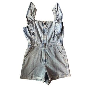 Light Wash Denim Zip Up Romper | Ruffled Strap